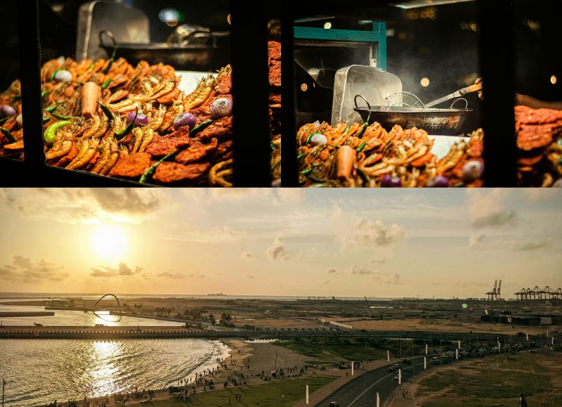 Galle Face Green Colombo at sunset with people and street food stalls